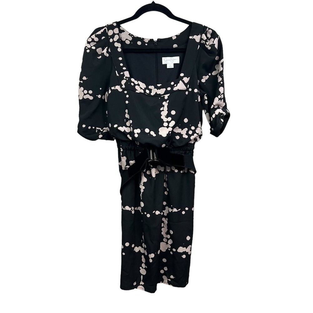 Jessica Simpson Dress Short Puff Sleeve Belted Lined Black Beige Women Size 6*